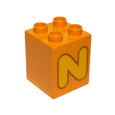 orange duplo brick 2 x 2 x 2 with bright light orange capital letter n with reddish brown outline pattern