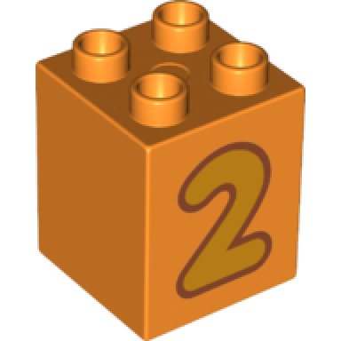 orange duplo brick 2 x 2 x 2 with bright light orange number 2 with reddish brown outline pattern