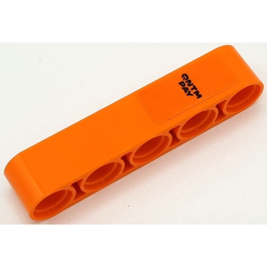 orange technic liftarm thick 1 x 5 with black qntm pay pattern sticker - set 42141 first version