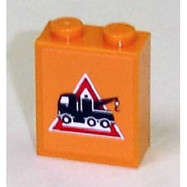 orange brick 1 x 2 x 2 with inside axle holder with tow truck danger sign pattern facing left sticker - sets 7638 7642 7686