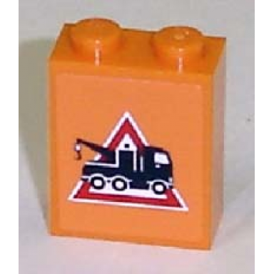 orange brick 1 x 2 x 2 with inside axle holder with tow truck danger sign pattern facing right sticker - sets 7638 7642 7686