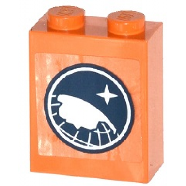 orange brick 1 x 2 x 2 with inside stud holder with arctic explorer logo pattern sticker - set 60036