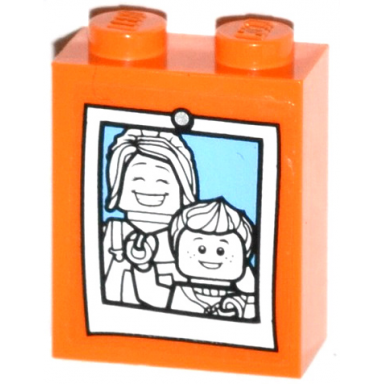 orange brick 1 x 2 x 2 with inside stud holder with female and boy minifigure photo pattern sticker - set 60036