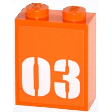 orange brick 1 x 2 x 2 with inside stud holder with white 03 on orange background pattern sticker - set 60035