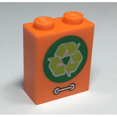 orange brick 1 x 2 x 2 with inside stud holder with lime recycling arrows in green circle and silver door handle pattern