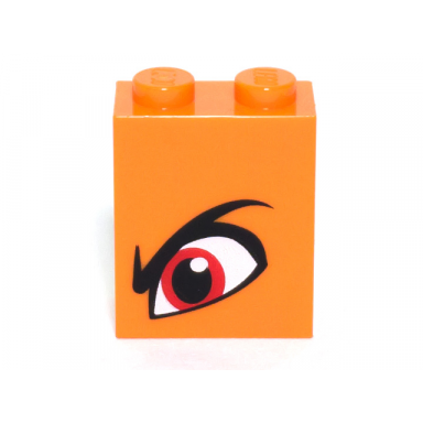 orange brick 1 x 2 x 2 with inside stud holder with angry red left eye and eyebrow pattern queen watevra wanabi