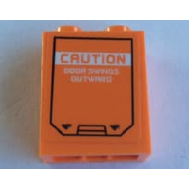 orange brick 1 x 2 x 2 with inside stud holder with door hatch and caution door swings outward pattern sticker - set 60195