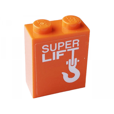 orange brick 1 x 2 x 2 with inside stud holder with white super lift and hook pattern sticker - set 60233
