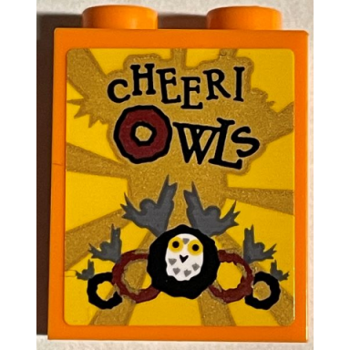 orange brick 1 x 2 x 2 with inside stud holder with cheeri owls and rings on gold and yellow sunburst background pattern sticker - set 76389
