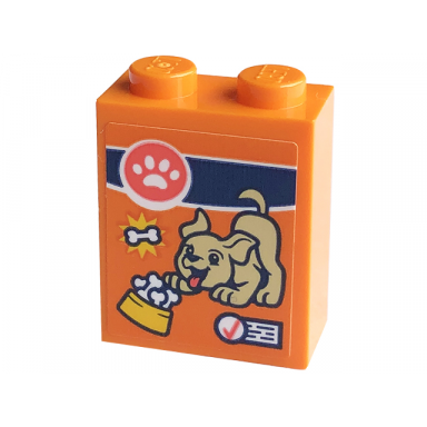 orange brick 1 x 2 x 2 with inside stud holder with tan dog yellow bowl white paw print and bones pattern sticker - set 41741