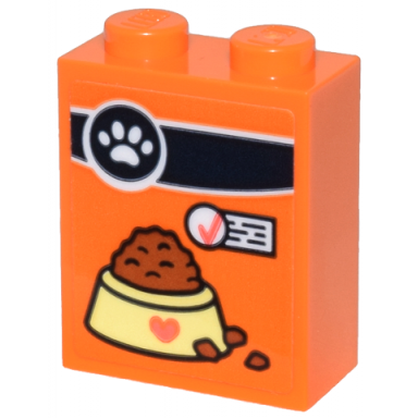 orange brick 1 x 2 x 2 with inside stud holder with pet food box with paw label bowl and check mark pattern sticker - set 42615