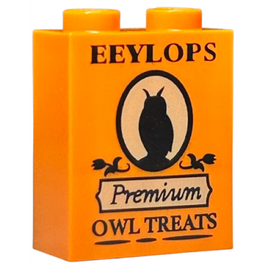orange brick 1 x 2 x 2 with inside stud holder with black eeylops premium owl treats and owl silhouette on tan background pattern