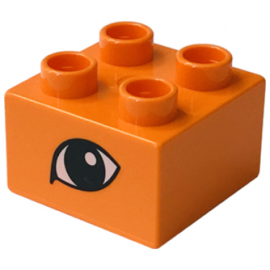 orange duplo brick 2 x 2 with black and white pointed oval eye with tear duct pattern on both sides
