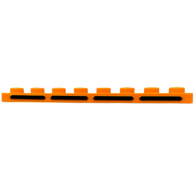 orange plate 1 x 8 with 4 black rounded stripes with bright light yellow and dark orange outlines air vents pattern