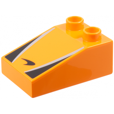 orange duplo brick 3 x 2 slope 33 with mclaren logo silver stripes black triangles pattern