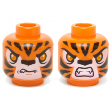 orange minifigure head dual sided alien chima tiger orange eyes fangs and black stripes neutral angry pattern tormak