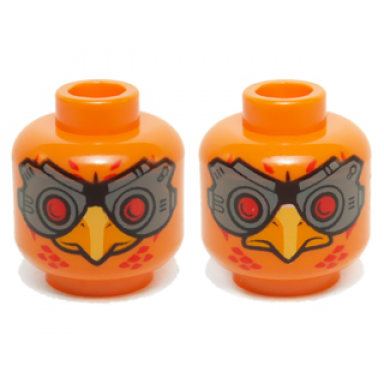 orange minifigure head dual sided alien chima phoenix with red eyes and dark bluish gray goggles rounded squared lower beak pattern firox