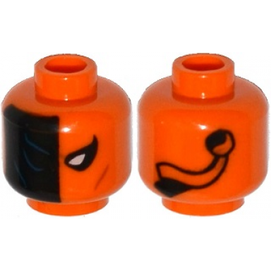 orange minifigure head alien with mask half black with dark blue contours white eye ribbons on back on back pattern