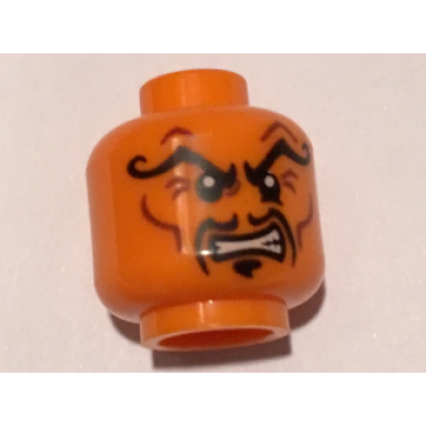 orange minifigure head alien with black arched curly eyebrows moustache fu manchu clenched teeth pattern