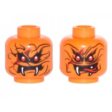 orange minifigure head dual sided alien snake with black wavy lines 2 red eyes and 2 white fangs neutral red pointed tongue out pattern