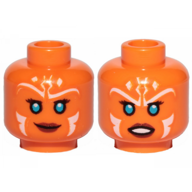 orange minifigure head dual sided alien with sw ahsoka blue eyes and white lines smile frown pattern