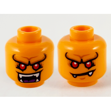 orange minifigure head dual sided alien pronounced brow red eyes white fangs wide open mouth lopsided frown pattern
