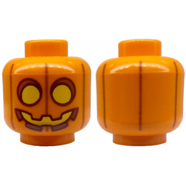 orange minifigure head pumpkin jack o lantern with yellow eyes and mouth and dark orange vertical lines pattern