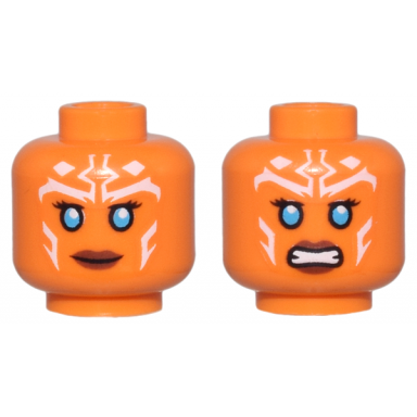 orange minifigure head dual sided alien female black eyelashes dark azure eyes reddish brown lips white markings grin bared teeth pattern sw ahsoka tano