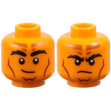 orange minifigure head dual sided black bushy eyebrows dark orange forehead markings dark red contour lines lopsided grin frown pattern