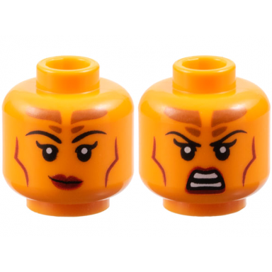 orange minifigure head dual sided female black eyebrows dark orange forehead markings dark red lips and contour lines lopsided grin scowl pattern