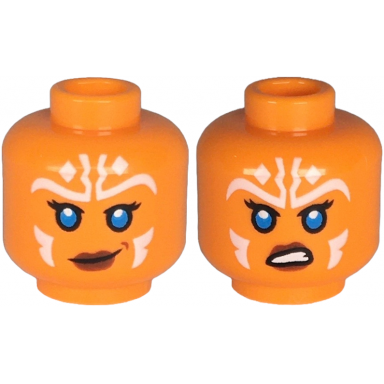 orange minifigure head dual sided alien female sw togruta with black eyelashes dark azure eyes reddish brown lips white markings smirk with dimple angry open mouth scowl with teeth pattern