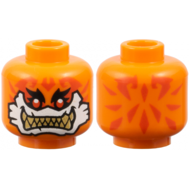 orange minifigure head alien reddish orange tattoos black eyebrows red eyes white around mouth gold sharp teeth pattern