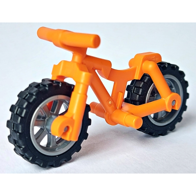 orange bicycle heavy mountain bike with straight handlebars with flat silver wheels and black tires 36934 50862 50861
