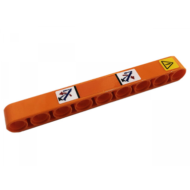 orange technic liftarm thick 1 x 9 with exclamation mark in yellow danger sign red arrows blue crane arms pattern sticker - set 42128