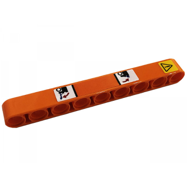 orange technic liftarm thick 1 x 9 with exclamation mark in yellow danger sign red arrows blue ramps and black wheels pattern sticker - set 42128