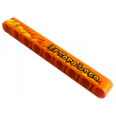 orange technic liftarm thick 1 x 9 with el toro loco and yellow flames pattern model left side sticker - set 42135