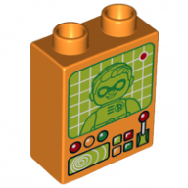 orange duplo brick 1 x 2 x 2 with lever controls and screen with robin pattern