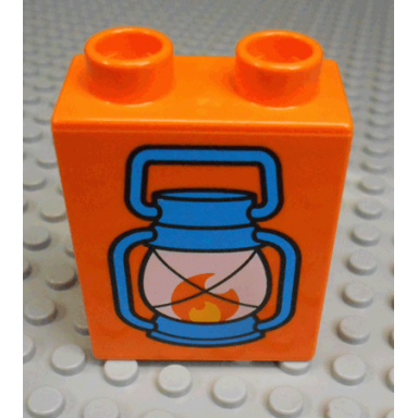 orange duplo brick 1 x 2 x 2 with blue lantern with flame pattern