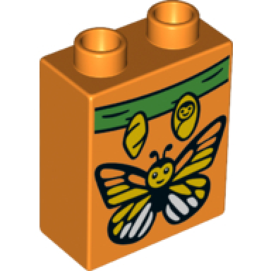 orange duplo brick 1 x 2 x 2 with butterfly pattern