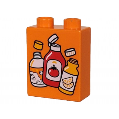 orange duplo brick 1 x 2 x 2 with white red and bright light orange bottles with tomato and lemon pattern plastic waste garbage
