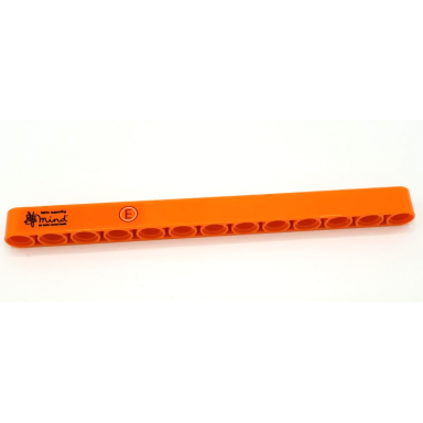 orange technic liftarm thick 1 x 13 with capital letter e in red and white circle and black mind logo pattern model left side sticker - set 42141 first version