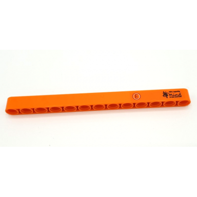 orange technic liftarm thick 1 x 13 with capital letter e in red and white circle and black mind logo pattern model right side sticker - set 42141 first version