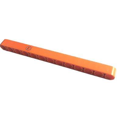 orange technic liftarm thick 1 x 13 with capital letter e in red and white circle pattern model left side sticker - set 42141 second version