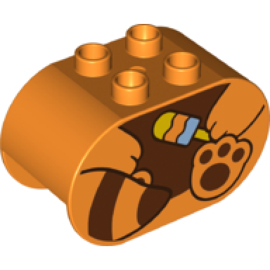 orange duplo brick 2 x 4 x 2 rounded ends with paw holding popsicle and reddish brown stomach paw and striped tail red panda body pattern