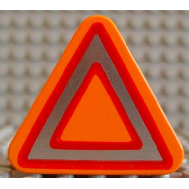 orange duplo brick 1 x 3 x 2 triangle road sign with silver and red triangle pattern