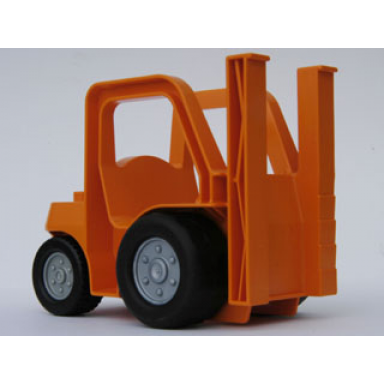 orange duplo forklift truck with large and small black wheels