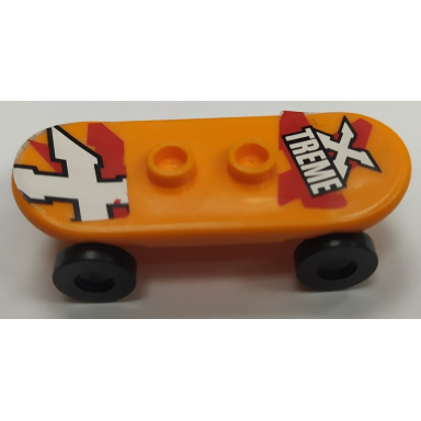 orange minifigure utensil skateboard deck with white x treme and letter x pattern stickers with black wheels 42511pb11 2496 - set 60023