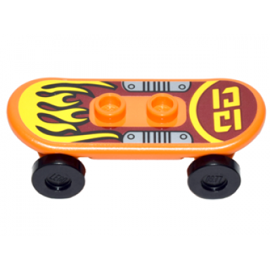 orange minifigure utensil skateboard deck with yellow flames and silver foot plates pattern sticker with black wheels 42511pb16 2496 - set 70592