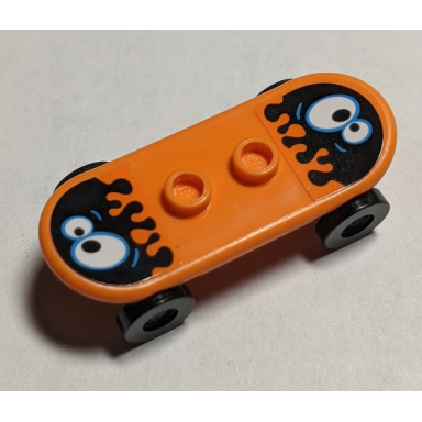 orange minifigure utensil skateboard deck with black oil blobs and white eyes pattern stickers with black wheels 42511pb27 2496 - set 60200
