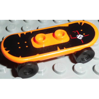 orange minifigure utensil skateboard deck with white skull and red lines on black background pattern sticker with black wheels 42511pb28 2496 - set 79104